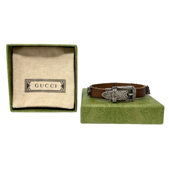 Gucci Forest Collection Leather Bracelet 925 Sterling Silver Size 17 Full Set - Picture 9 of 13